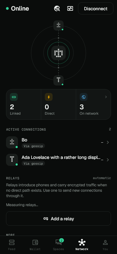 Mentos Network, captured from the Flutter app in dark mode