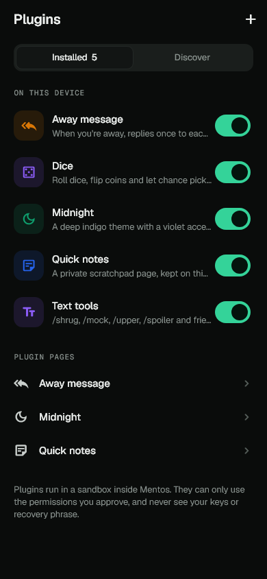 Mentos Plugins, captured from the Flutter app in dark mode