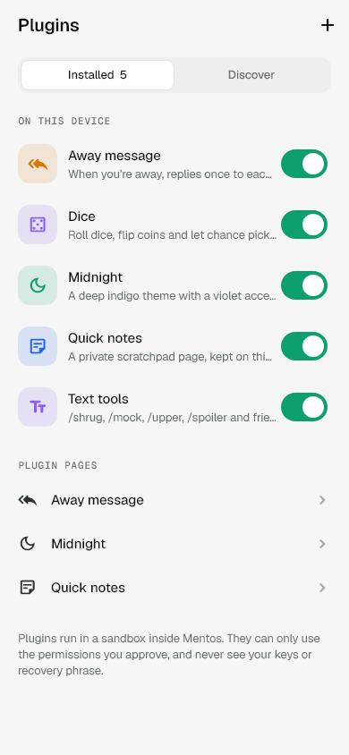 Mentos Plugins, captured from the Flutter app in light mode