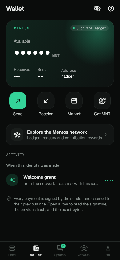 Mentos Wallet, captured from the Flutter app in dark mode