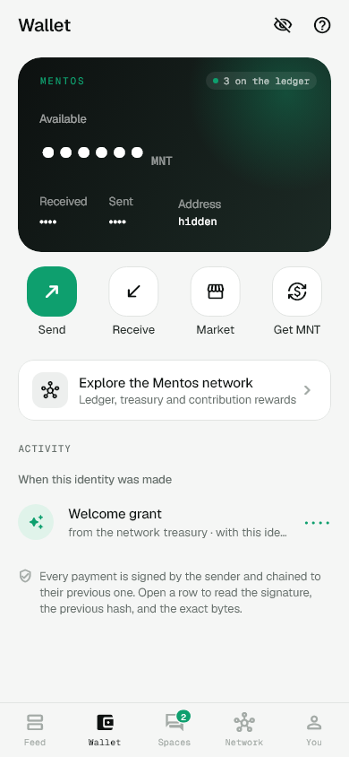 Mentos Wallet, captured from the Flutter app in light mode